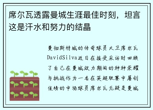 席尔瓦透露曼城生涯最佳时刻，坦言这是汗水和努力的结晶